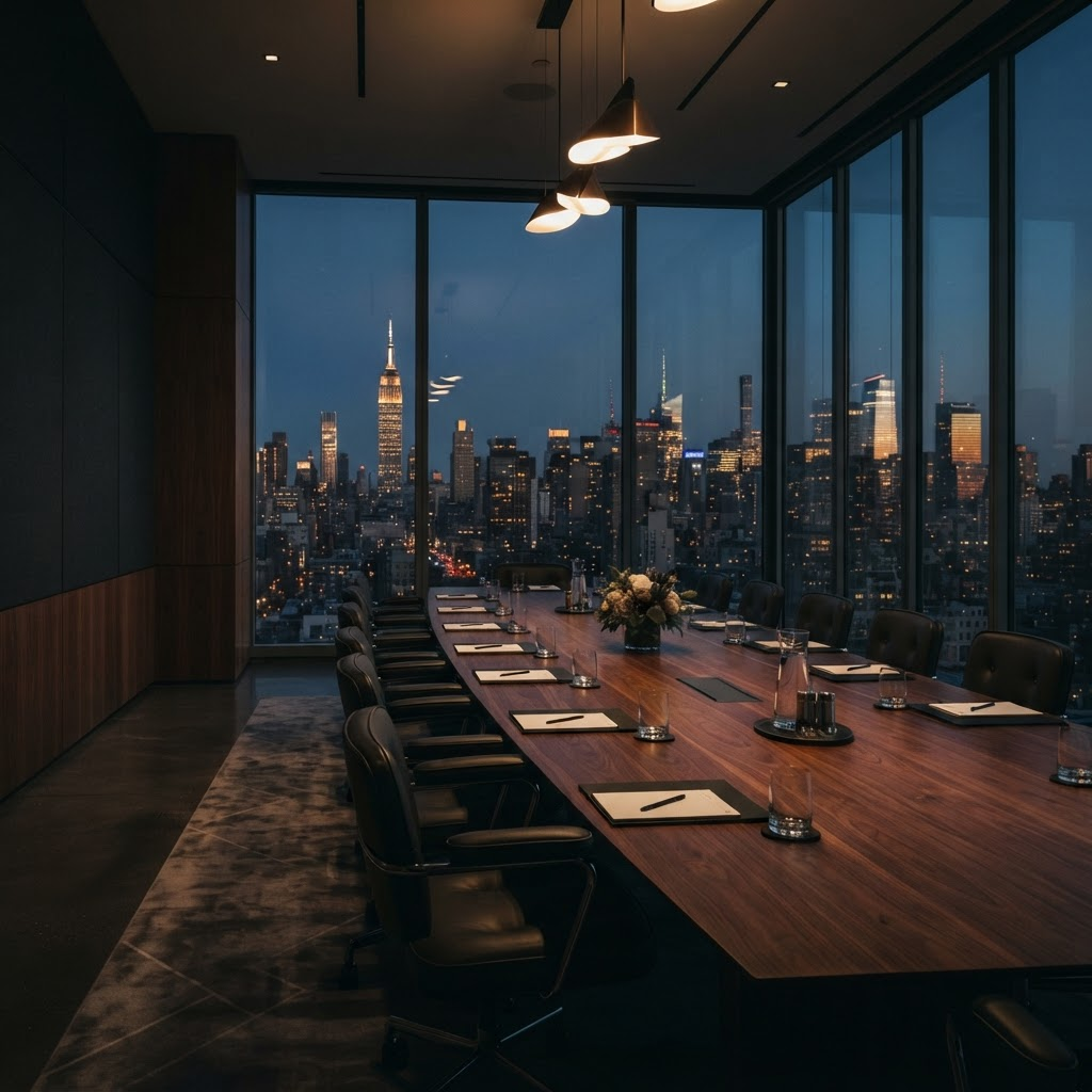 Executive boardroom overlooking a city skyline